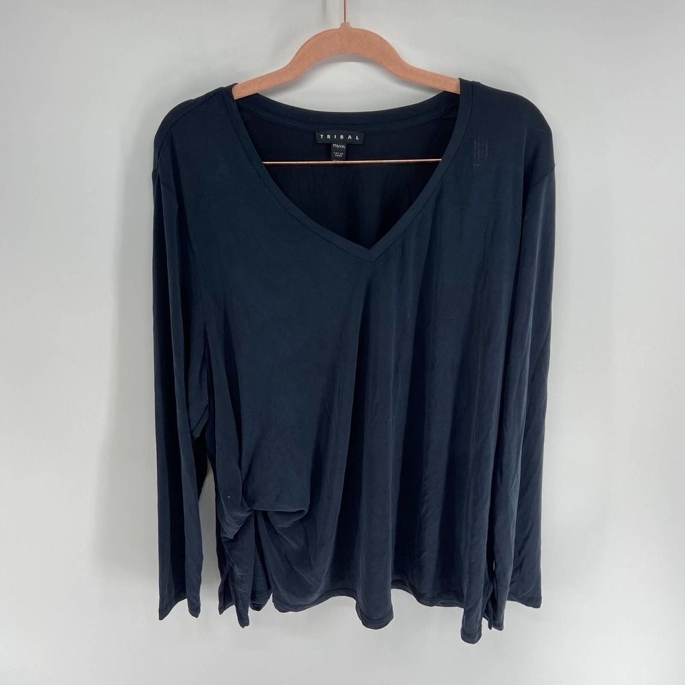 Tribal black long sleeve knot front v neck flowy light top womens xxl